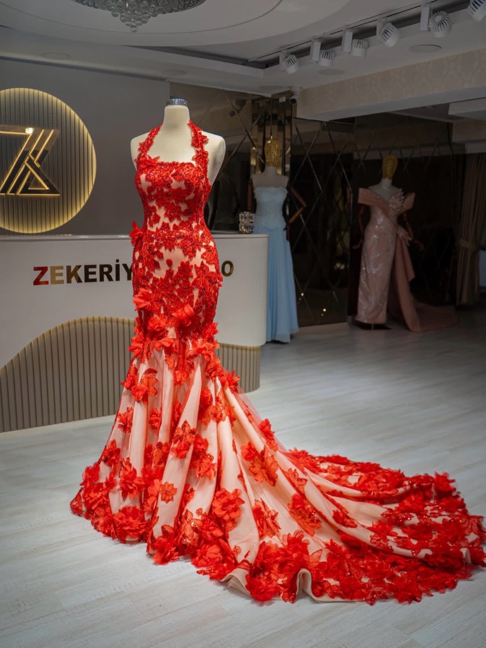 Red Floral Appliqué Mermaid Gown